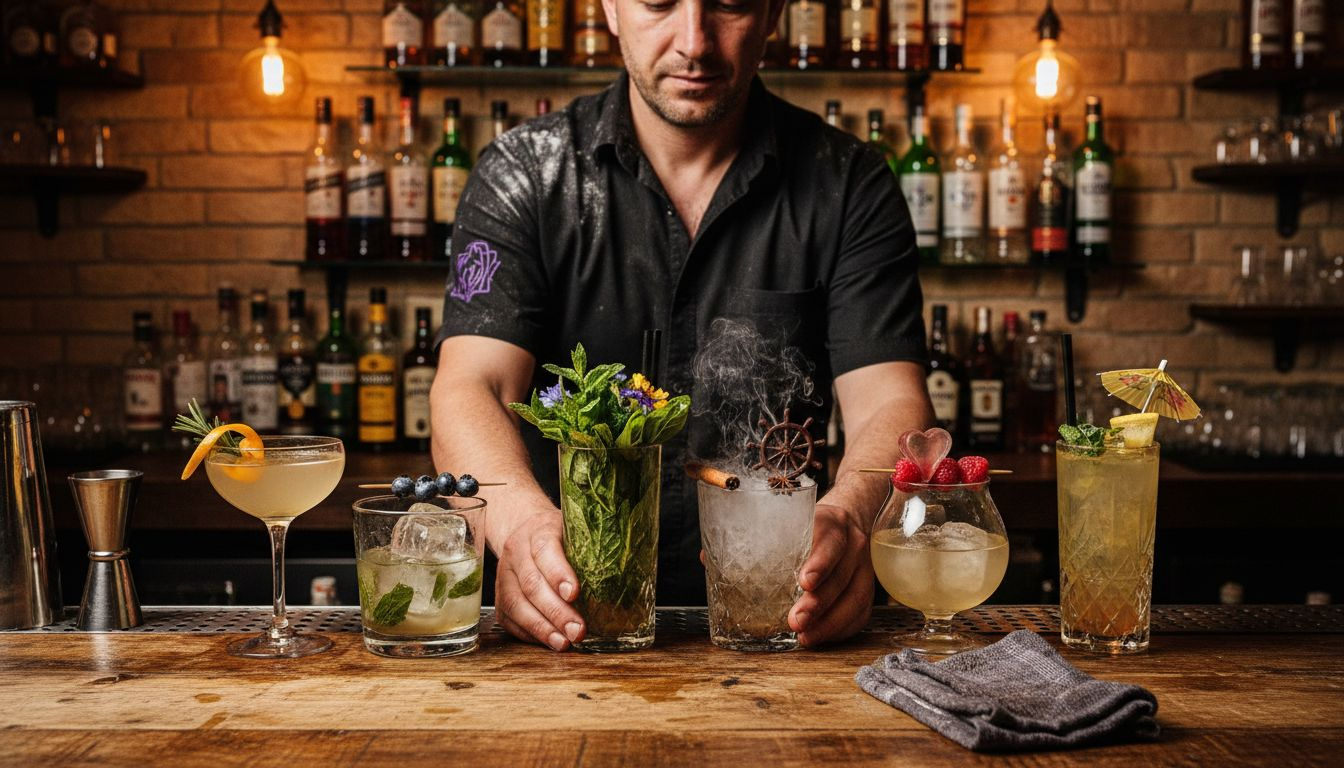 Il barman sistema con cura cocktail decorati e pieni di colori sul bancone, pronti per essere serviti.