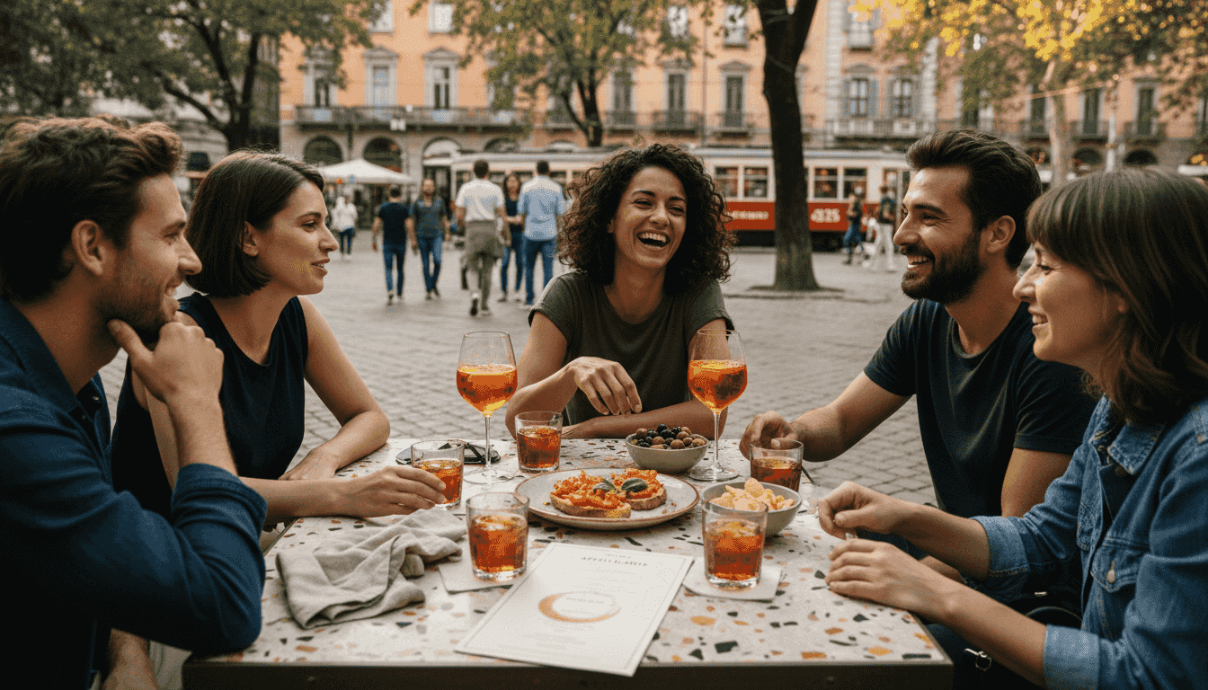 Mit Freunden bei einem Aperitivo auf einer belebten Piazza in Mailand den Abend einläuten – das pure Dolce Vita.