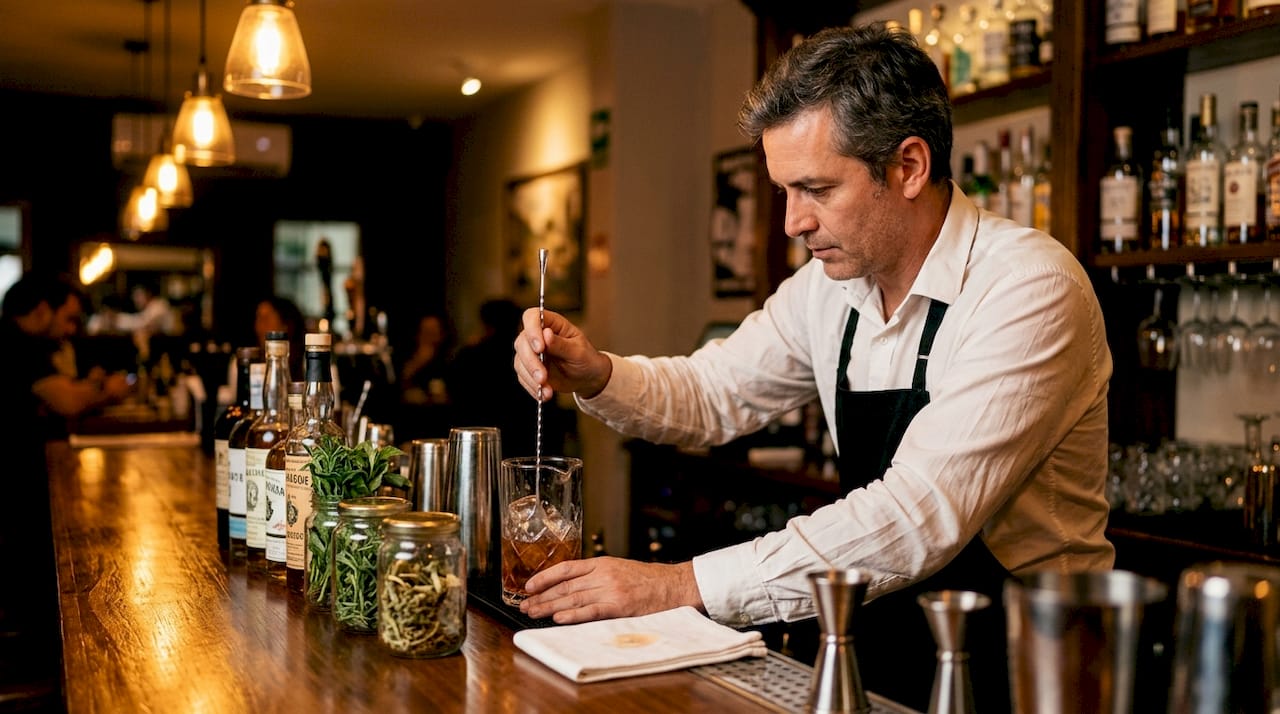 Un bartender crea un cóctel único en una barra de autor, sorprendiendo con sabores exclusivos y una presentación impecable.