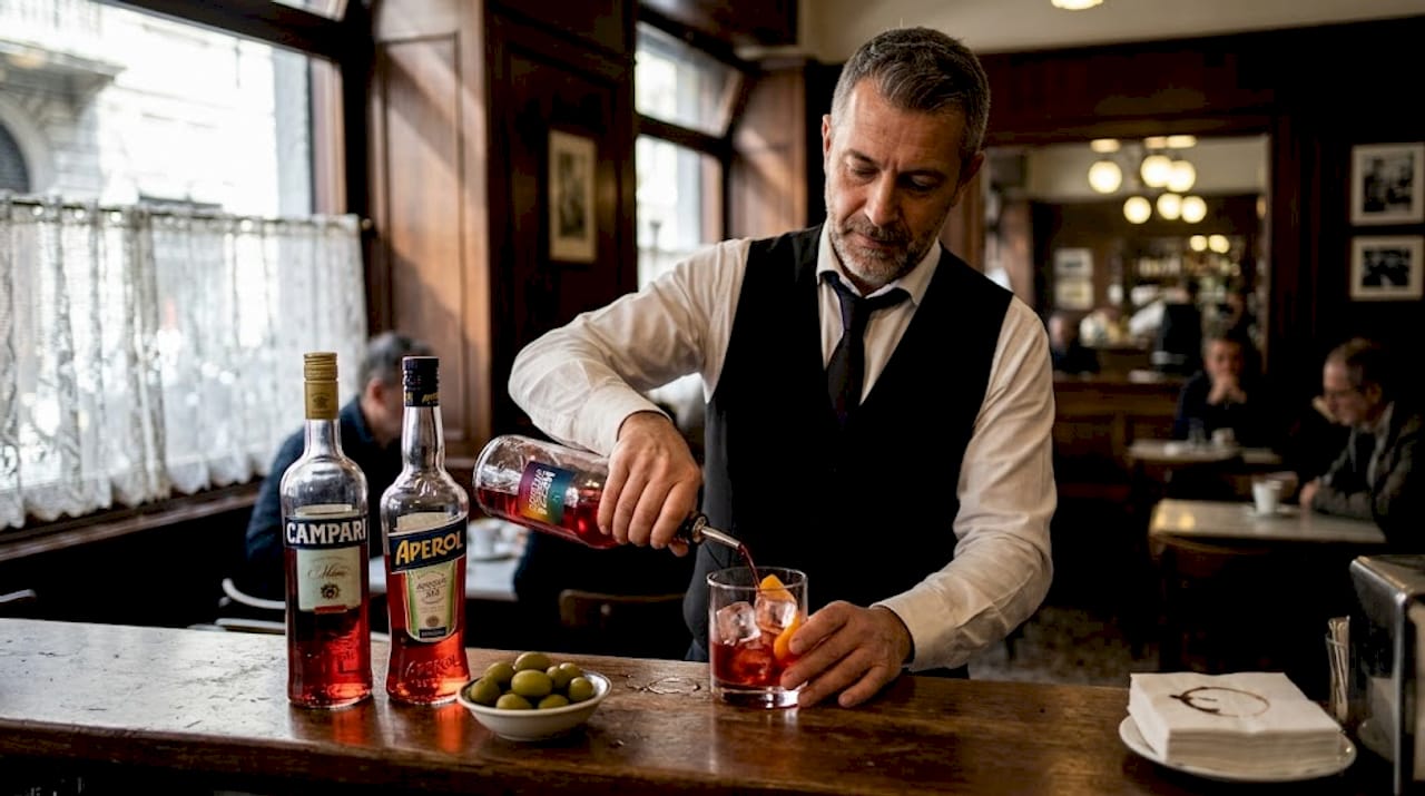 Un barman serve un amaro italiano, versandolo con maestria nel bicchiere.