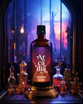 Arcadia Essenza di Gin bottiglia ambrata in laboratorio alchemico con alambicchi rame e atmosfera mistica