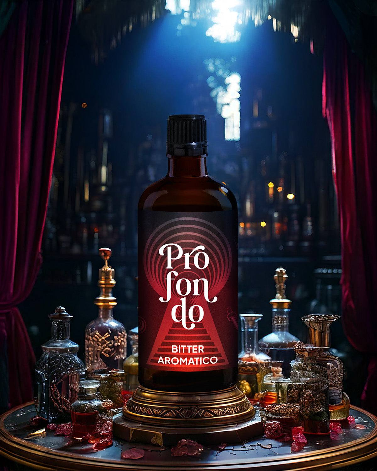 Profondo Bitter Aromatico bottiglia ambrata setting teatrale tende rosse botanicals secchi atmosfera drammatica